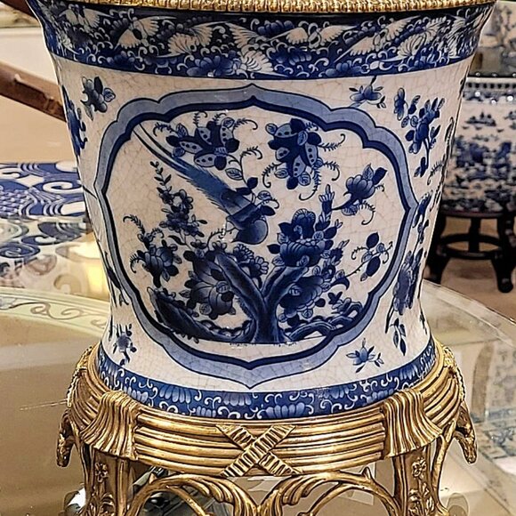 Blue, White Chinoiserie Porcelain Planter. Hand Painted. Bronze Accents (10"H) - Picture 8 of 9